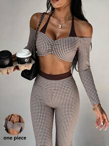 SHEIN Dewbera Dewbera Long-Sleeved Patchwork Sports Vest - Brown - View 1
