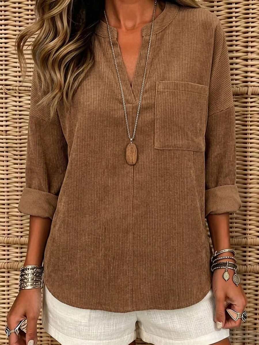 EMERY ROSE Plus Size New V-Neck Long Sleeve Pocket Decor Casual Women's Shirt - Khaki - View 1