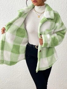 INAWLY Chaqueta de manga larga con botones delanteros y bolsillos con estampado de cuadros, talla grande, ropa de otoño/invierno para mujeres - Verde - Ver 5
