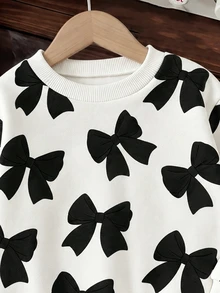 女嬰 1件裝 簡約可愛蝴蝶結印花圓領長袖加厚抓絨內裡運動衫上衣，柔軟面料，適合聖誕外出，秋冬穿著 - 彩色 - 查看 4