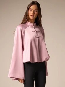 Athîral Women's Solid Color New Chinese Style Collar Bell Sleeve Fashion Casual Top - Pink - View 3