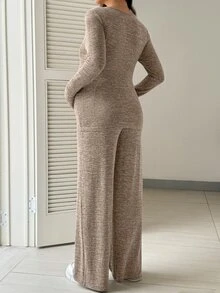 SHEIN Maternity Knit 2 Pieces Set T-Shirt And Pants, Comfortable Home Casual Wear - Khaki - View 2
