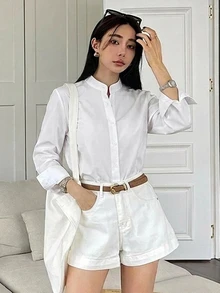 DAZY 女款素色單排扣長袖商務襯衫 - 白色 - 查看 6
