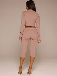 MUSERA Brown Knit Crop Cardigan With Capri Set Autumn Winter Fall Cute Daily Girly Knitwear Everyday - Brown - View 4