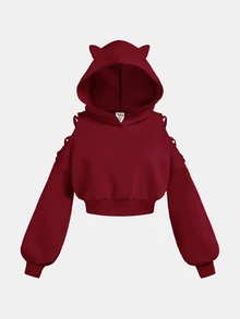 SHEIN Girlism Teenagerflicka enfärgad 3D-örondesign huva kort sweatshirt, höst/vinter - Röd - Visa 1