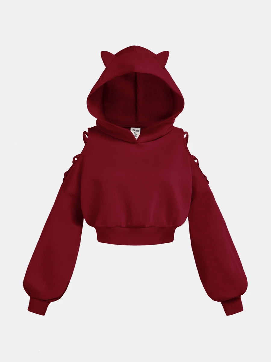 SHEIN Girlism Teenagerflicka enfärgad 3D-örondesign huva kort sweatshirt, höst/vinter - Röd - Visa 1
