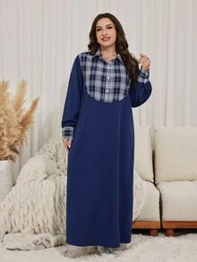 Lacomfia Plus Size Plaid Patchwork Button Half-Placket Dress - Blue - View 5