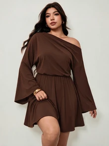 Enliva Plus-Size Women's Commuter Asymmetrical Neckline Fitted Waist DressApple,Rounded Body Elegant Short Dresses - Brown - View 3