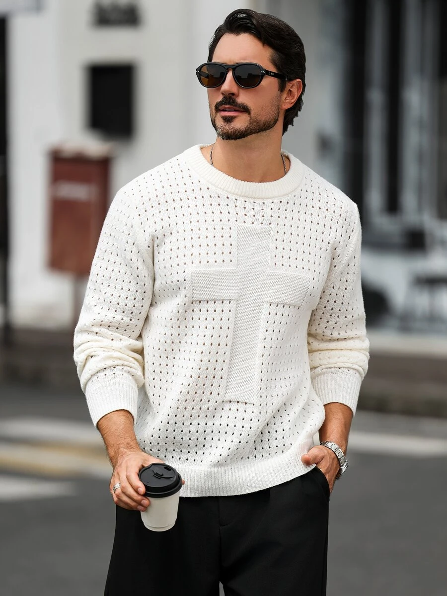 Marcello Vane Men's Crew Neck Cross Graphic Casual Daily Wear Sweater - Apricot - View 1