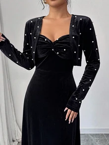 Modelyn Vintage Velvet Twisted Strap Dress With Beaded Short Cape, Cinched Waist And Flared Long Skirt, Party And Commute Outfit Velvet Black Fall/Winter - Black - View 4