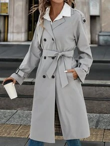 Editum 女款優雅法式插肩袖長袖雙排扣長版防水休閒風衣，秋季旅行商務辦公穿搭，卡其色 - 淺灰色 - 查看 3