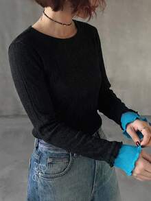 FRIFUL 女款拼色休閒百搭日常穿著T恤 - 黑色 - 查看 2