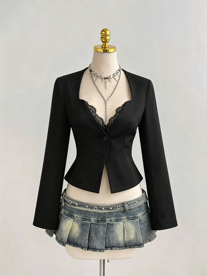 Elamini American Style Elegant Deep V-Neck Sexy Lace Trim Cinched Cinched Waist Long Sleeve Dark Elegant Early Autumn Minimalist Sexy Mature Women's Blazer
