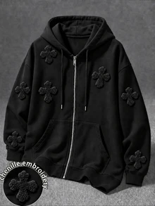 Manfinity EMRG Men Gothic Cross Chenille Embroidery Full Zip Hoodie, Oversized Drawstring Hooded Sweatshirt - Black - View 1