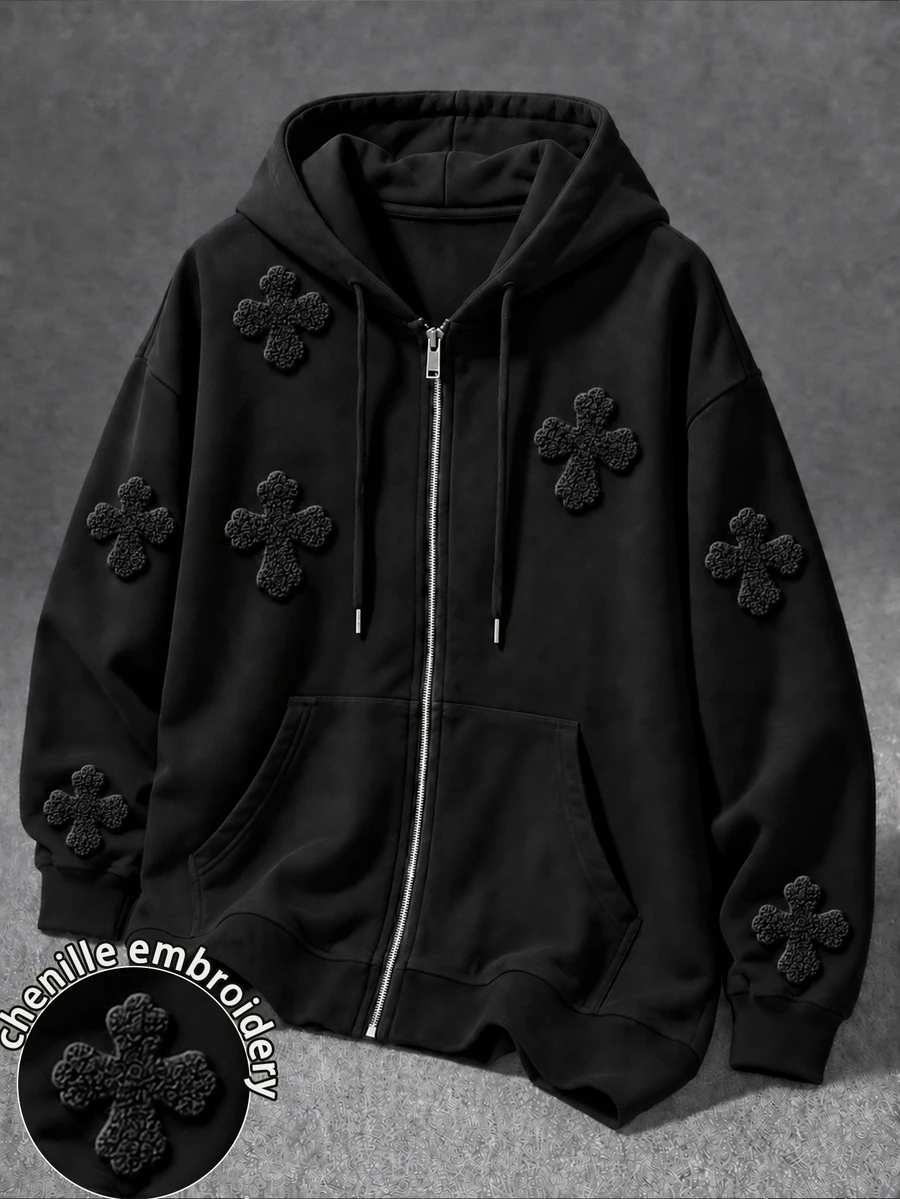 Manfinity EMRG Men Gothic Cross Chenille Embroidery Full Zip Hoodie, Oversized Drawstring Hooded Sweatshirt - Black - View 1