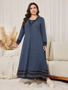 Lacomfia Plus Size Women's Loose Casual A-Line V-Neck Long Sleeve Patchwork Collar Cuff Hem Long Dress, Autumn - Navy Blue - View 5