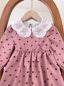 SHEIN Gaun Kasual Musim Panas Sehari-hari Berlipit Motif Hati untuk Bayi Perempuan - Berwarna merah muda - View 12