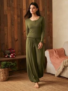 Lullawish Bohemian Modest Casual Vacation Home Wear Women's Comfortable Knit Long Sleeve Pajama Lantern Pants Set Sleep Lounge Olive Green Fall - Army Green - View 3