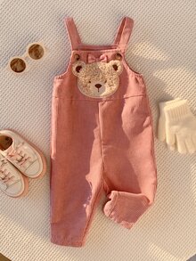 新生女嬰/幼女秋冬可愛熊圖案拼接刺繡燈芯絨吊帶褲連身衣，女嬰冬季連身褲/吊帶褲，聖誕 - 粉色 - 查看 7