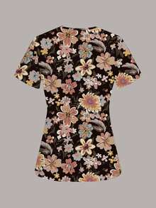PopScrub Floral Print Fashionable Elegant Women's Scrub Uniform Top - Multicolor - View 2