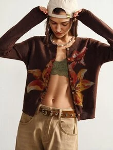 Bohemela Casual Crew Neck Single-Breasted Long Sleeve Floral Pattern Women's Cardigan - Coffee Brown - View 6