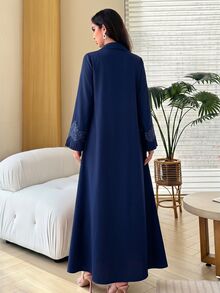 Al Najma Women's V-Neck Button Decor Rhinestone Trim Patchwork Pleated Petal Sleeve Full Skirt Arabic Style Dress Royal Blue Fall/Winter - Navy Blue - View 2