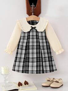 Souflis Souflis 幼女格紋洋裝，甜美優雅奶油黑蝴蝶結荷葉邊長袖彼得潘領，合身派對秋季假期芭蕾舒適公主風百褶裙 - 黑與白 - 查看 3