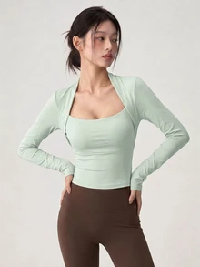 DAZY Solid Crop Sports Tee With Bolero Fall - Mint Green - View 5