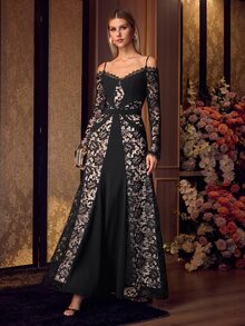 MOTF Soiréza WOMEN'S LACE PATCHWORK SQUARE NECK ELEGANT DRESS - Black - View 1