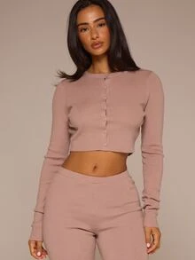 MUSERA Brown Knit Crop Cardigan With Capri Set Autumn Winter Fall Cute Daily Girly Knitwear Everyday - Brown - View 5