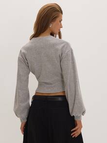 MUSEYN Grey Soft V Neck Wrap Detail Fitted Top Versatile Everyday Casual Chic New Season Fall - Grey - View 4