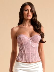 SHEIN BAE Spring/Autumn Pink Strapless Lace Beaded Sequin Corset Top, Exquisite Romantic Women's Bustier Suitable For Party, Date, Evening Dress Innerwear - Pink - View 1