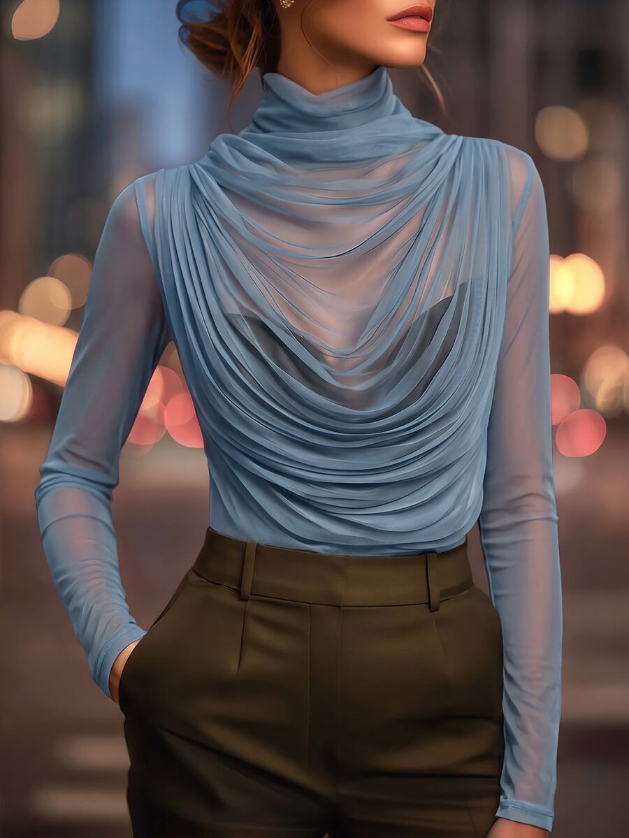 Editum 女款性感透視長袖高領上衣,彈性網紗抓皺設計,適合晚宴、夜生活、約會、工作與日常穿著,黑色秋季 - 霧霾藍 - 查看 1