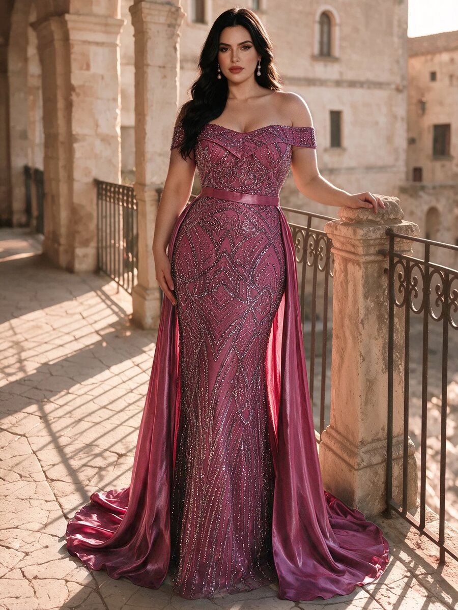 Coutiva Off-Shoulder Heart Neckline Full-Coverage Heavy Beaded Embroidery Fitted Mermaid Floor-Length Gown - Dark Purple - View 1