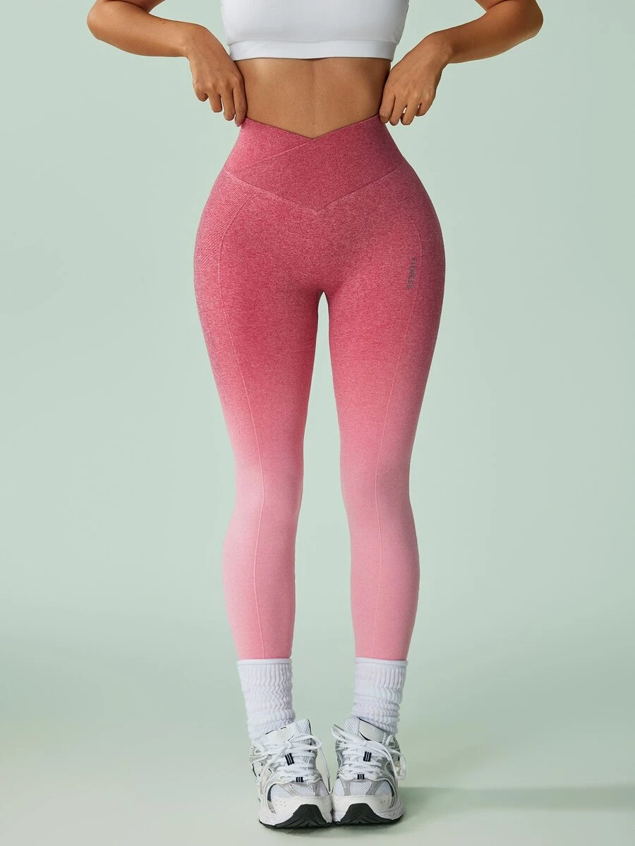 SHEIN Sovereign Charm Seamless High Elasticity Yoga Workout Cross Waist Gradient Color Sports Leggings - Pink - View 1