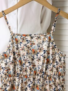 SHEIN 2件組女童溫柔風休閒校園與外出秋季套裝，青蛙鈕扣花瓣袖短版開襟衫與花卉收腰A字洋裝 - 棕色 - 查看 5