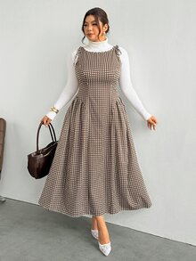 Firerie Plus Size Korean Style Plaid Pleated Vacation Dress Streetwear - Multicolor - View 4