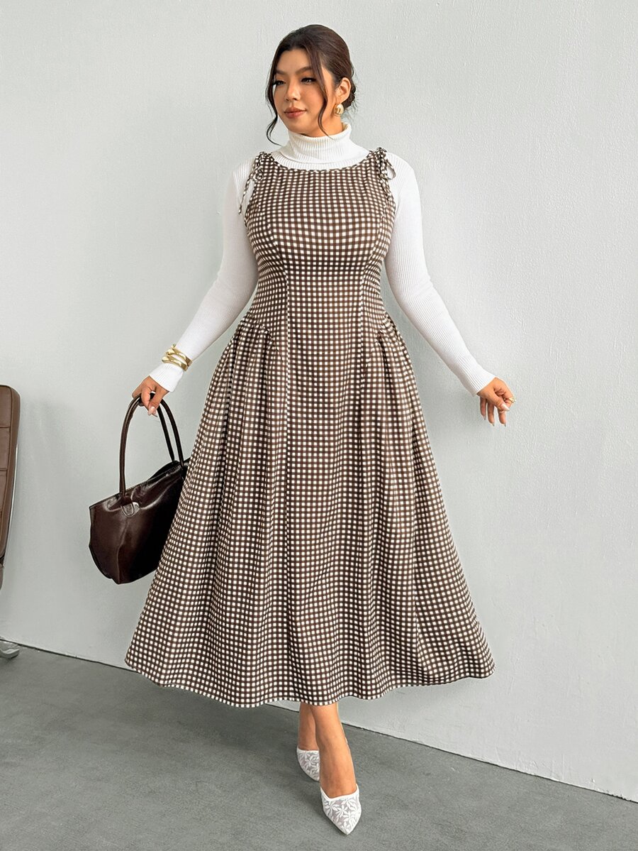 Firerie Plus Size Korean Style Plaid Pleated Vacation Dress Streetwear - Multicolor - View 1