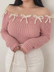 Dazy Plus Korean Style Bow Contrast Color Fitted Square Neck Long Sleeve Hollow Out Sexy Vacation Spring Autumn Thin Knit Sweater - Pink - View 5