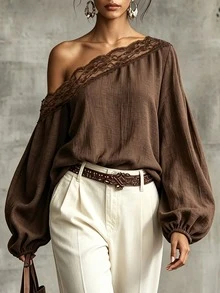 Glimmora Atasan Fashion Wanita dengan Bahu Asimetris dan Hiasan Renda. - Coklat - View 3
