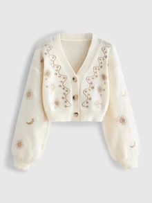 ROMWE Hippie Women's Sun Moon Star Pattern Casual Daily Cardigan - Apricot - View 1