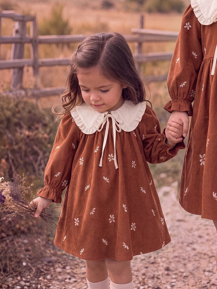 Baby Girls Printed Peter Pan Collar Dress, Casual Fashion, Creative Personalized, Fresh And Cute - Brown - View 1