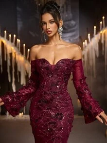 Glamrae Burgundy Cold Shoulder Deep V-Neck Sequin 3D Floral Applique Sheer Mesh Mermaid Long Dress, Long Bell Sleeves Formal Evening Gown, Suitable For Prom, Evening Party, Wedding And Party - Burgundy - View 3