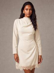 COSMINA Women's Mini Dress With Pleated Design And Lace Patchwork Details - Apricot - View 2