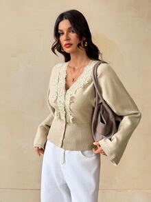 SHEIN Tall Women's New Autumn Lace Patchwork V-Neck Cinched Waist Cardigan - Apricot - View 1