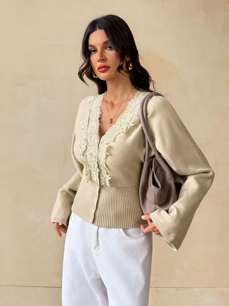 SHEIN Tall Women's New Autumn Lace Patchwork V-Neck Cinched Waist Cardigan - Apricot - View 1