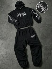 SHEIN 兒童 2 件組青少年男孩新款 Y2K 哥德風深色英文字母運動風連帽衛衣與運動長褲套裝，適合秋冬、返校、舒適、家庭聚會、生日派對、攝影、度假、假日、運動 - 黑色 - 查看 3