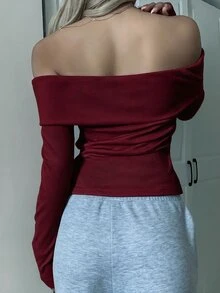 SHEIN EZwear 女款粉色針織露肩修身T恤 - 酒紅色 - 查看 2