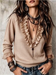 LUMIGAL Autumn/Winter New Loose Casual Solid Color Half-Zip Elegant Lace Patchwork Knit Top - Khaki - View 1
