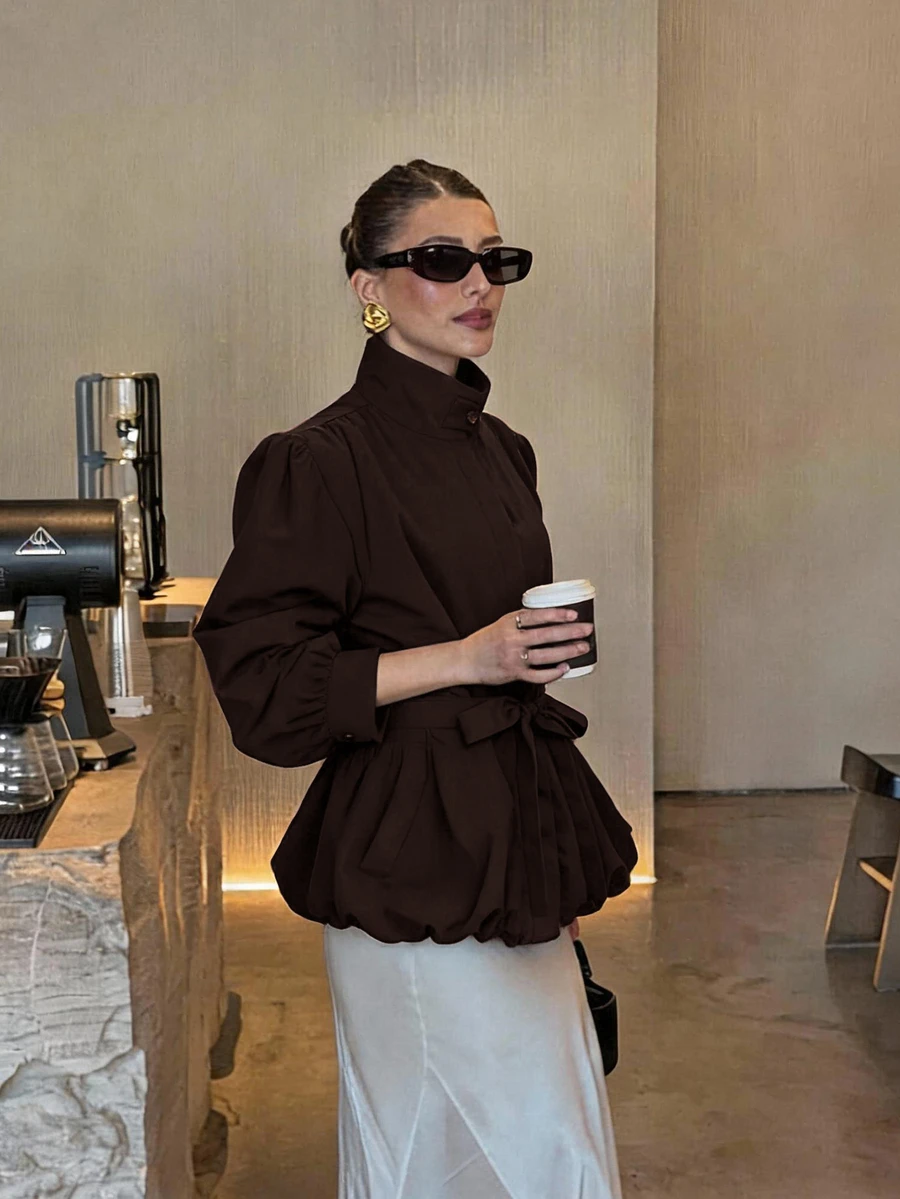 Silquee Women's Fashion Vintage Elegant Button Pocket Long Sleeve High Neck Jacket Office Burgundy Autumn - Coffee Brown - View 1